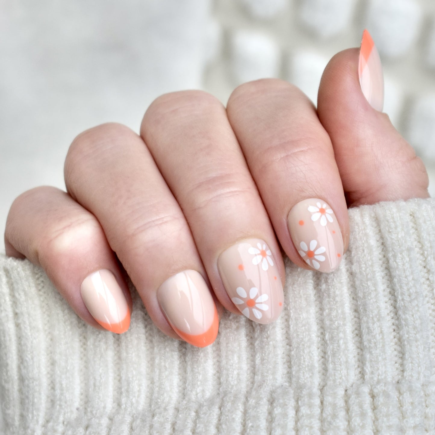 presson nails false nail glasies oval orange flowers french