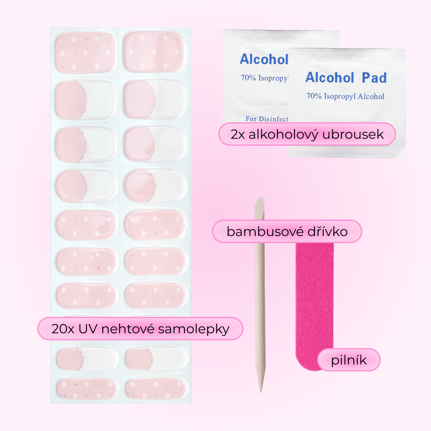 uv gel nail stickers 20 pcs pink french white silver hearts