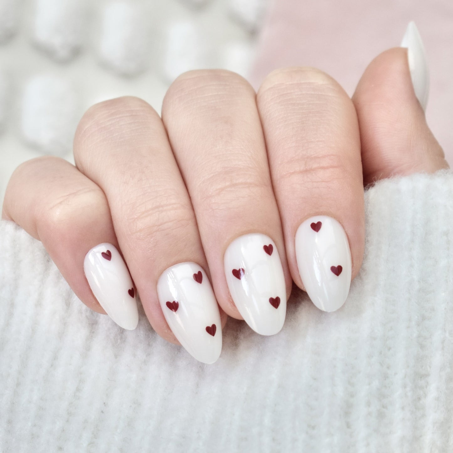 press-on nails false nail almond long medium white hearts red cute
