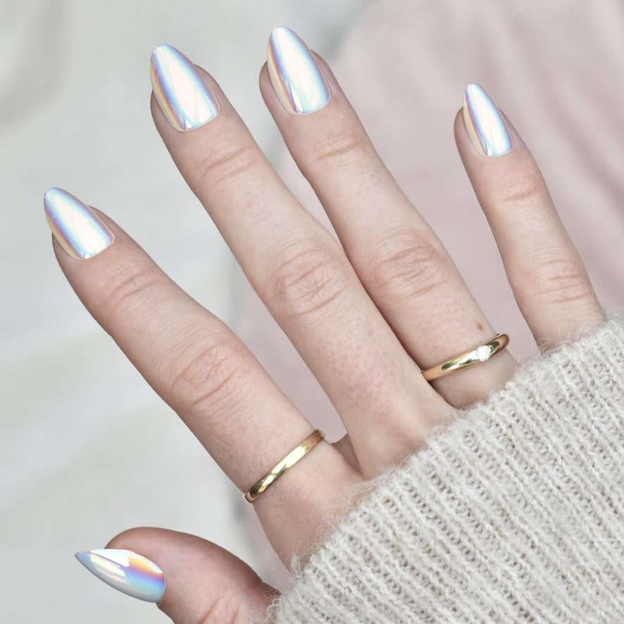 press-on nails artificial nails beauty false glasies gel almond white pearl chrome