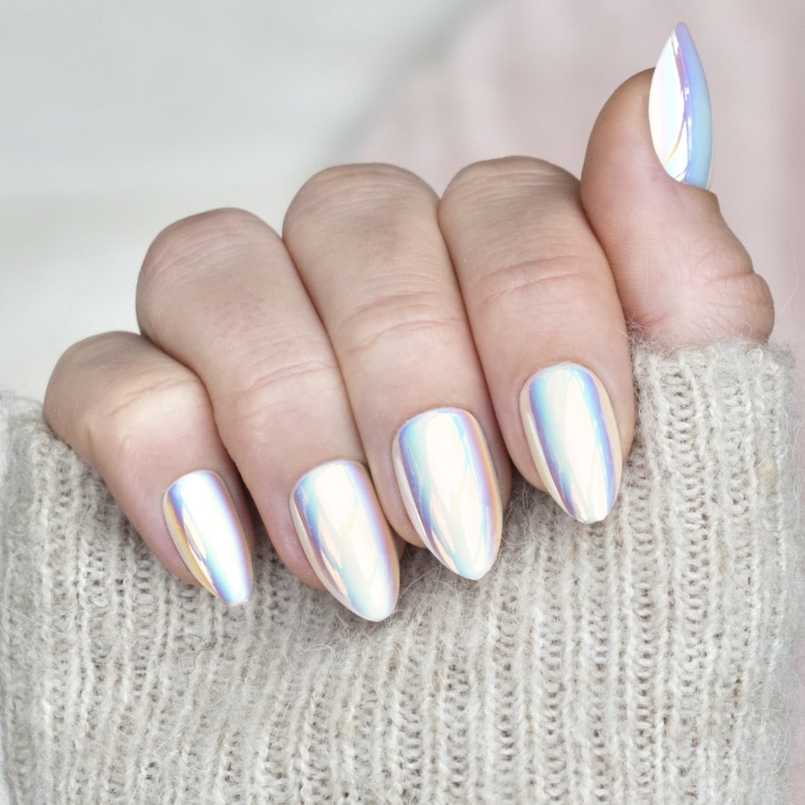 press-on nails artificial nails beauty false glasies gel almond white pearl chrome
