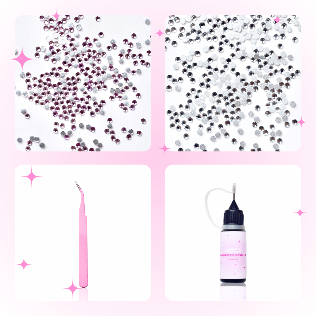 nail decals pink silver tweezers nail rhinestone glue glasies