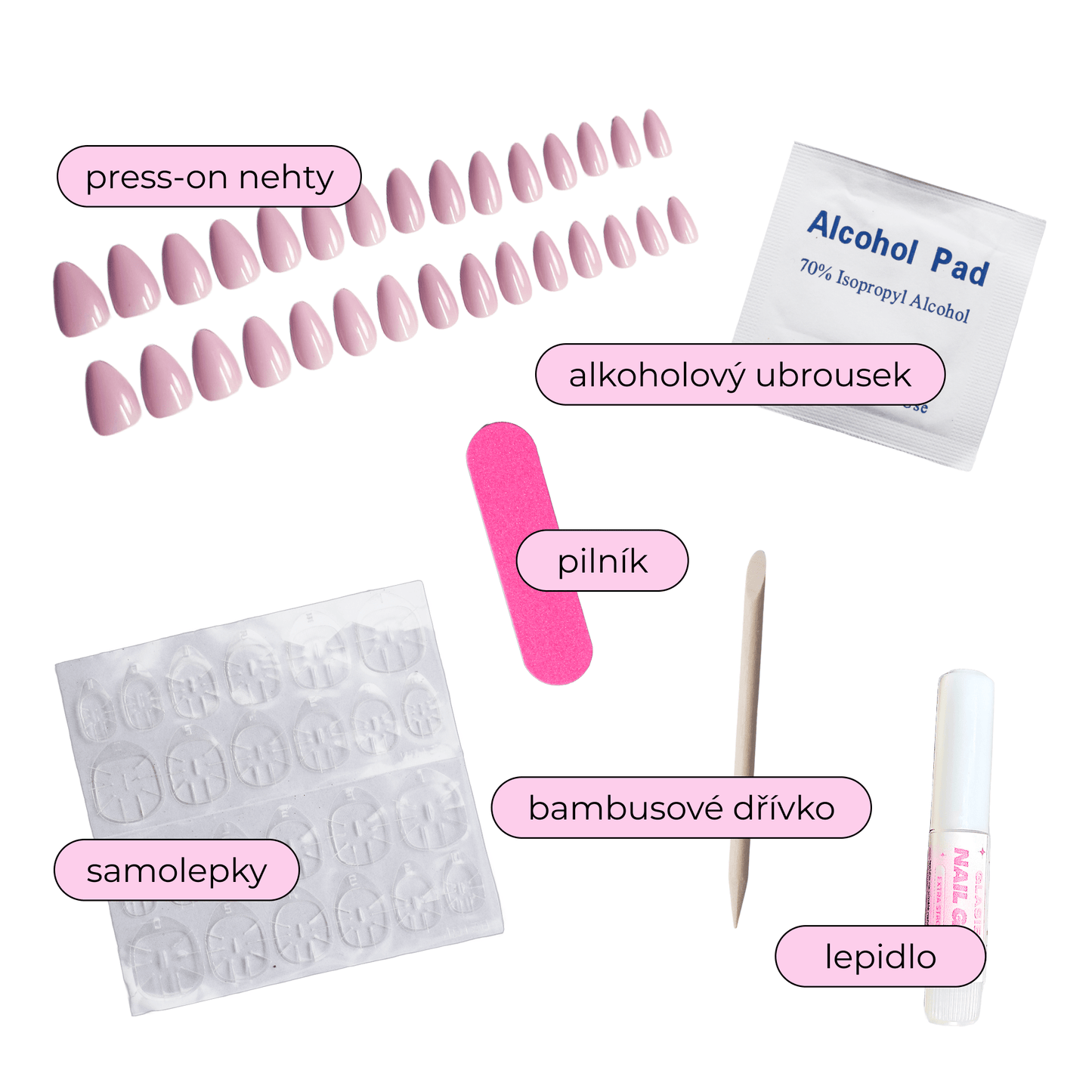 obsah balení presson nehty alcohol pad bamboo stick nail file nails presson nails stickers glue