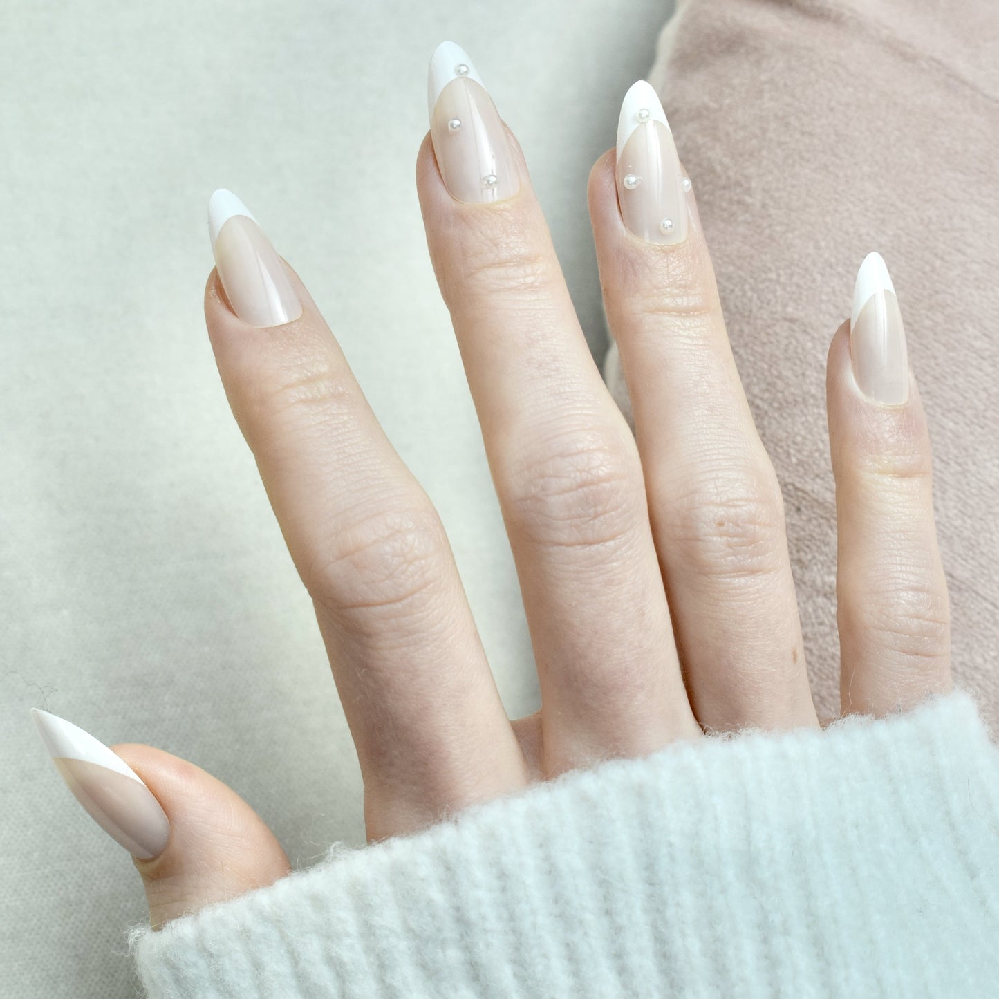 presson nails artificial nails false pink pearls french beige glasies