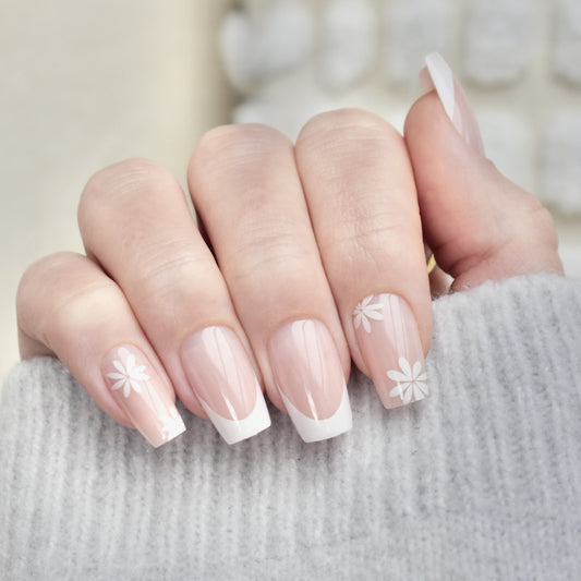 presson nails false nail glasies coffin long flovers white french
