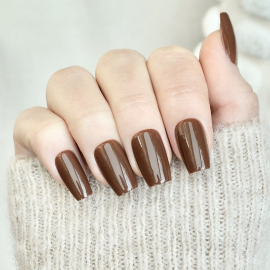 press-on nails artificial nails beauty false glasies gel coffin brown autumn