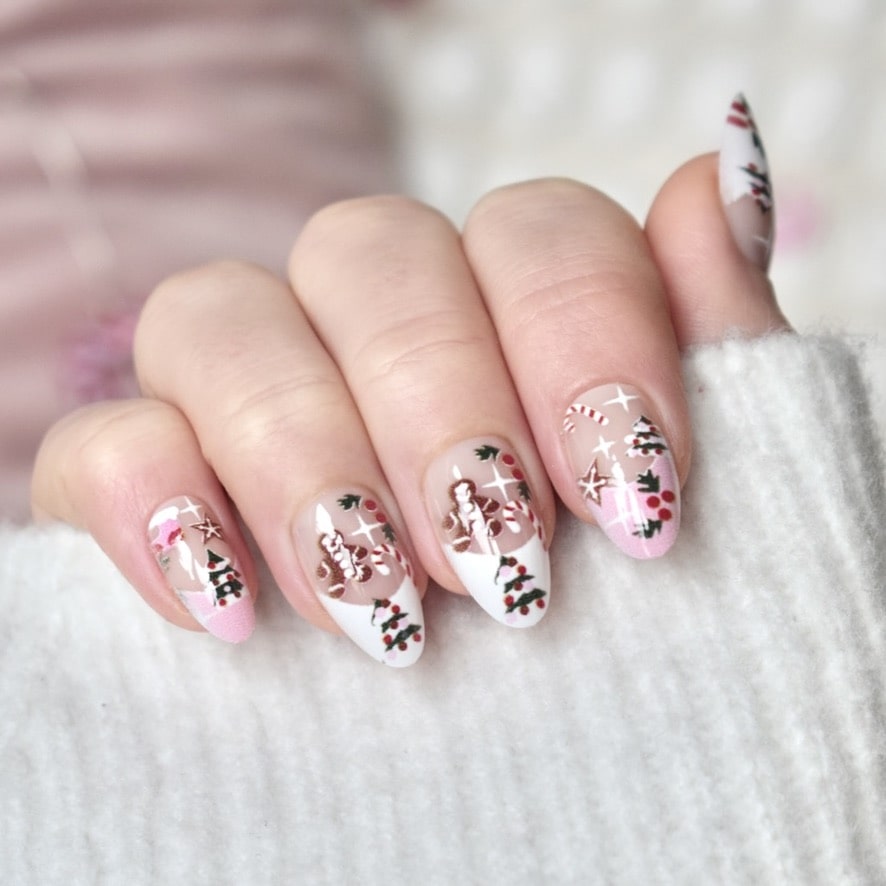 press-on nails false artificial glasies almond medium long christmas pink white ginger bread tree candy