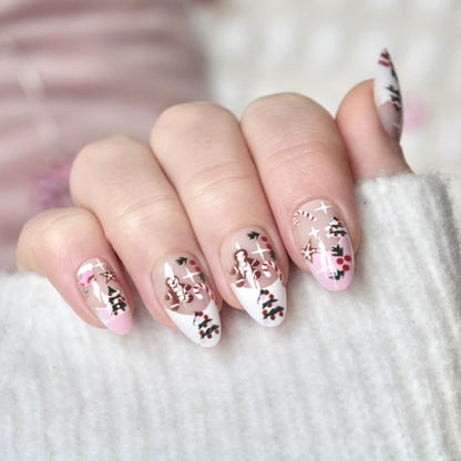 press-on nails false artificial glasies almond medium long christmas pink white ginger bread tree candy