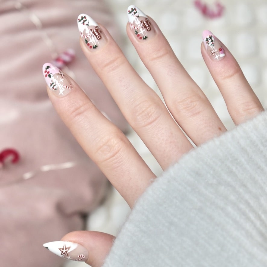 press-on nails false artificial glasies almond medium long christmas pink white ginger bread tree candy