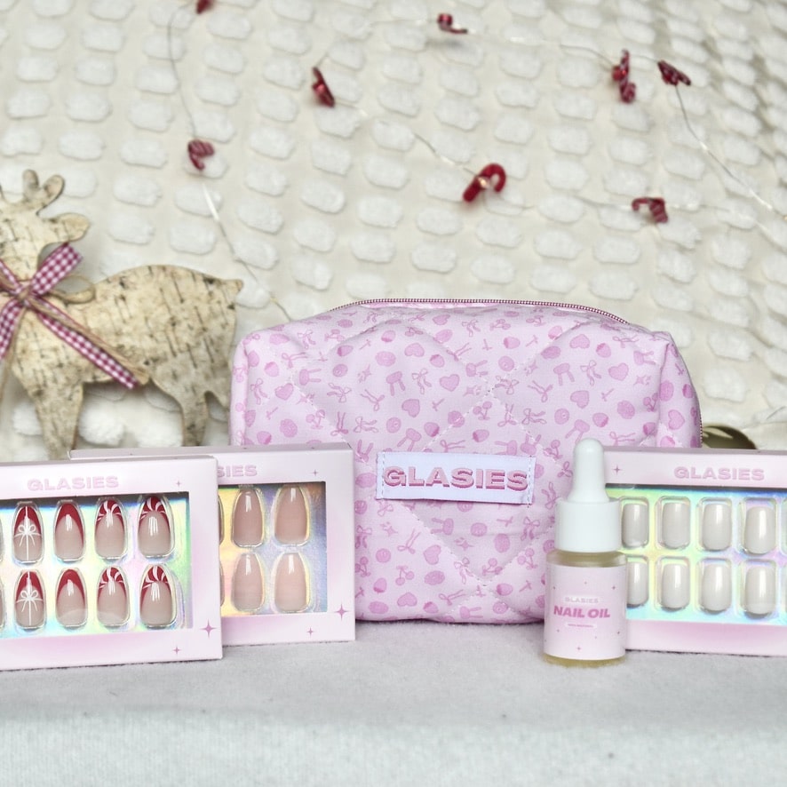 glasies presson nails false artificial christmas oval almond french pink white beige nail oil set cosmetic bag