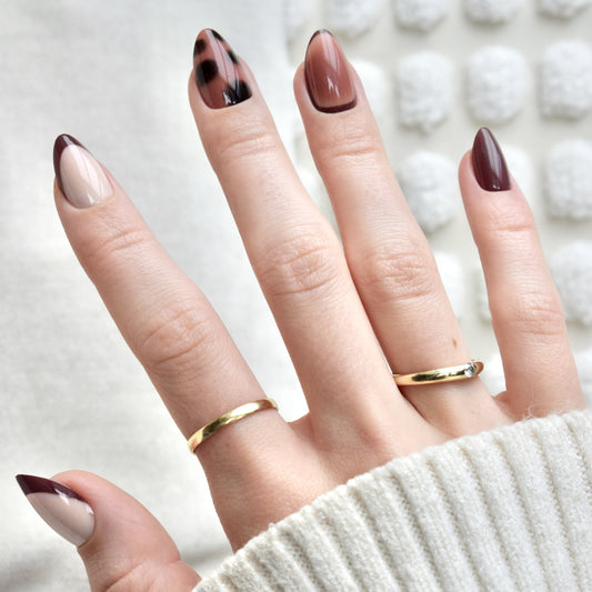 presson nails false nail glasies almond brown french aesthetic