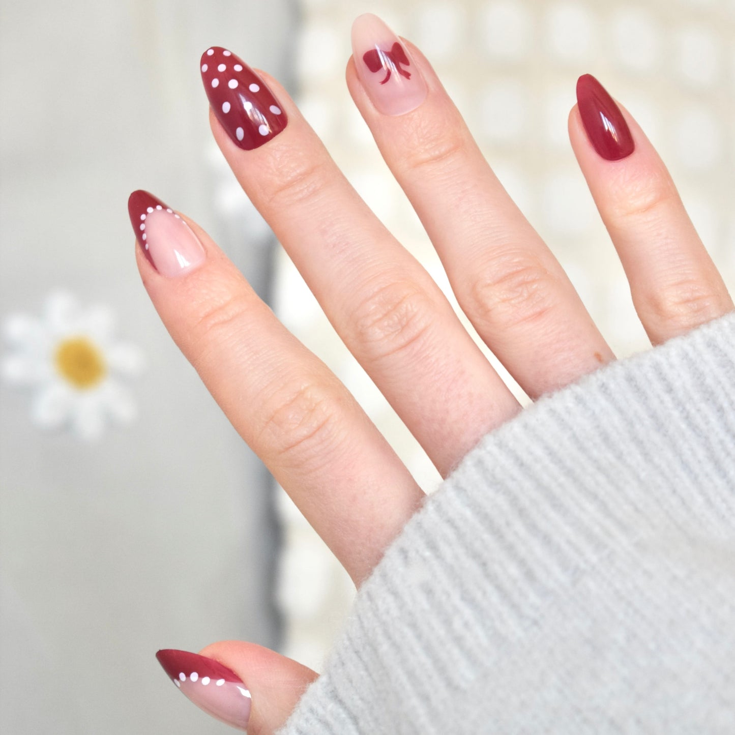 press-on nails artificial nails beauty false glasies gel almond pink red bow dots french