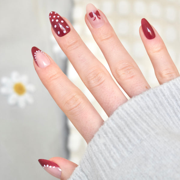 press-on nails artificial nails beauty false glasies gel almond pink red bow dots french