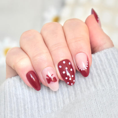 press-on nails artificial nails beauty false glasies gel almond pink red bow dots french