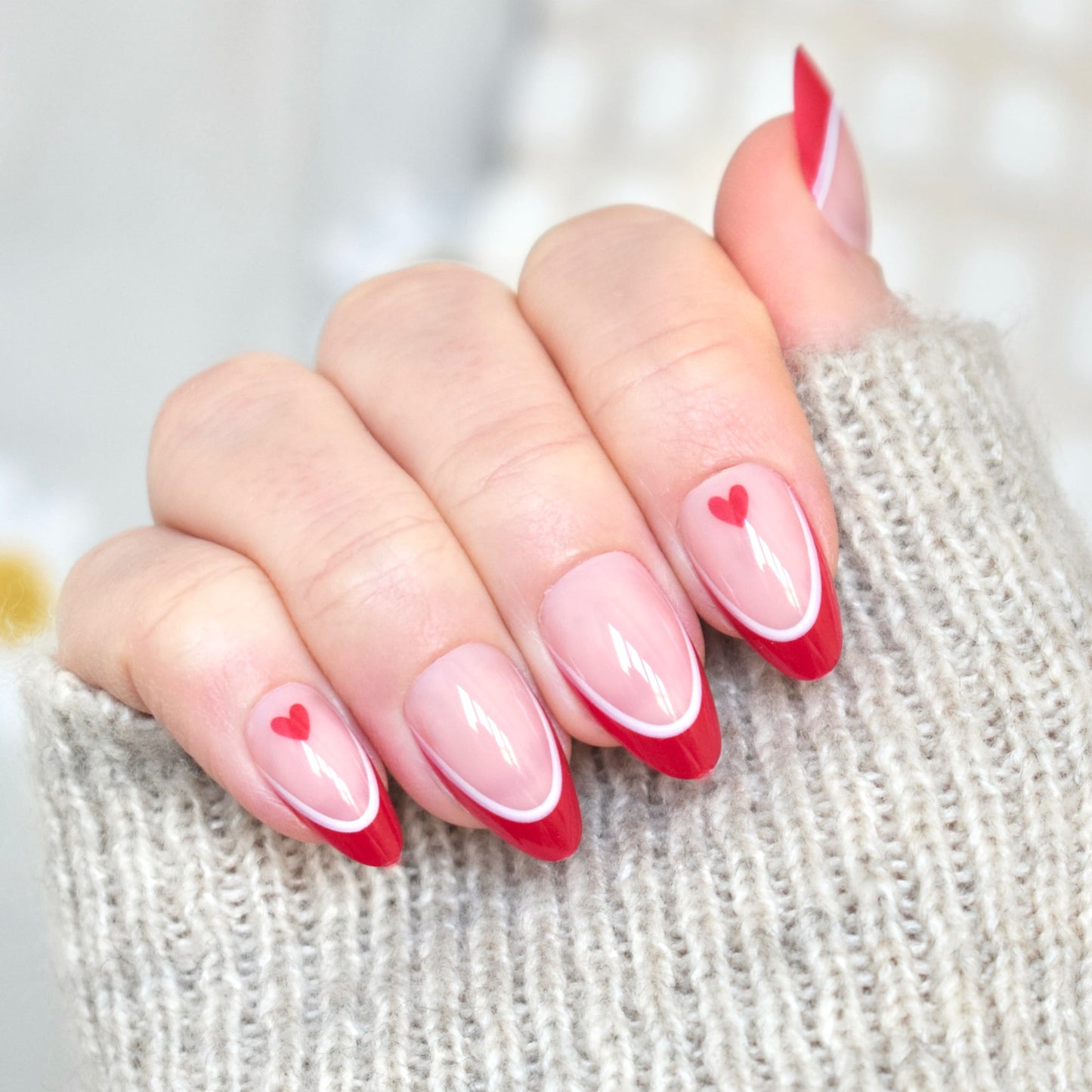 press-on nails artificial nails beauty false glasies gel almond pink red french hearts