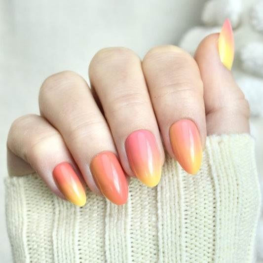 press-on nails artificial nails beauty false glasies gel almond aurora fade pink yellow