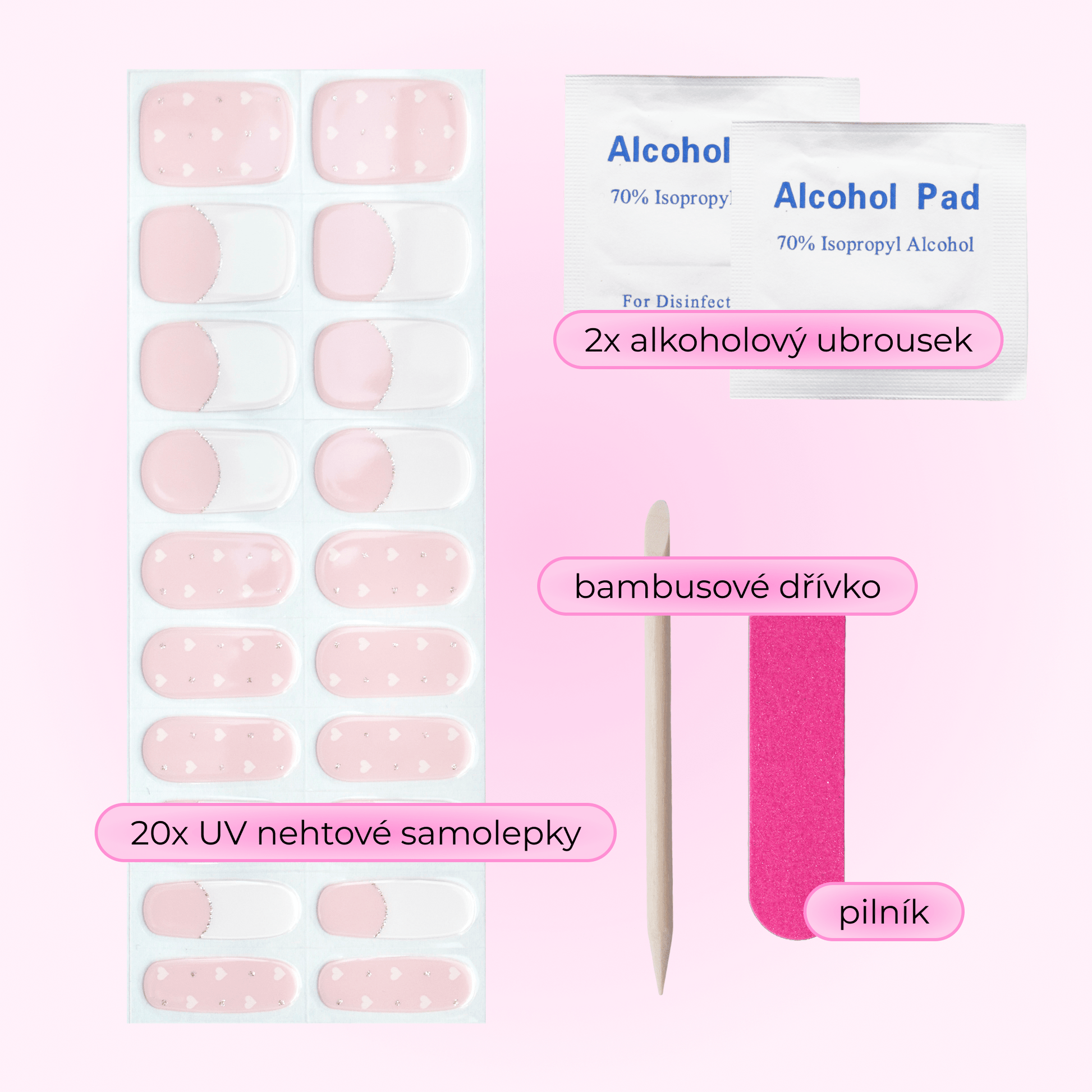 uv gel nail stickers 20 pcs pink french white silver hearts