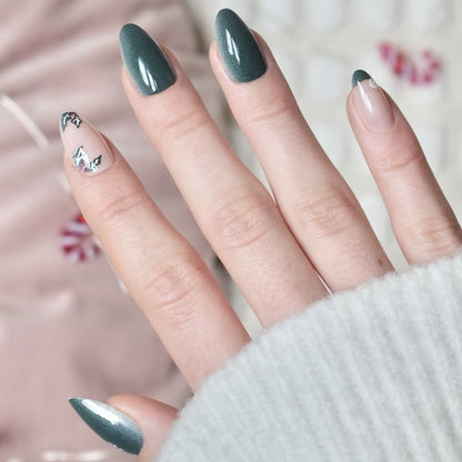 press-on nails false artificial glasies almond medium long christmas green white tree