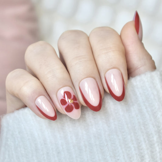 press-on nails artificial nails beauty false glasies gel calmond hibiscur flower red pink nude french