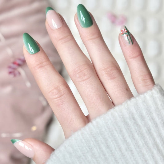 press-on nails false artificial glasies almond medium long christmas green white gift tree candy