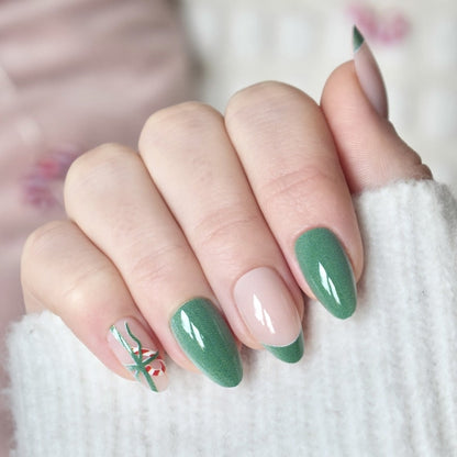 press-on nails false artificial glasies almond medium long christmas green white gift tree candy