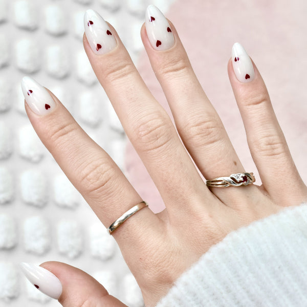 press-on nails false nail almond long medium white hearts red cute