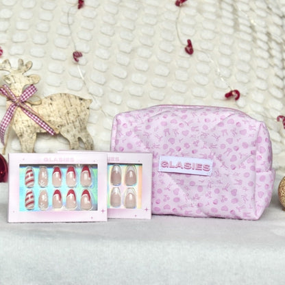 glasies presson nails false artificial christmas almond french red white set cosmetic bag