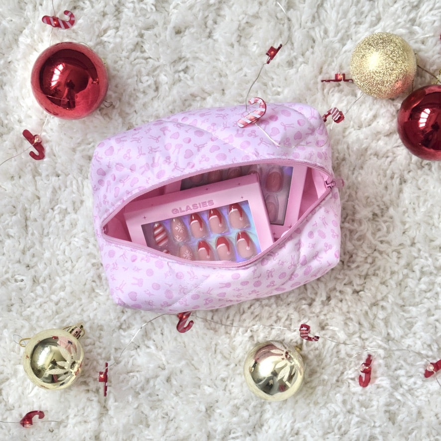 glasies presson nails false artificial christmas almond french red white set cosmetic bag