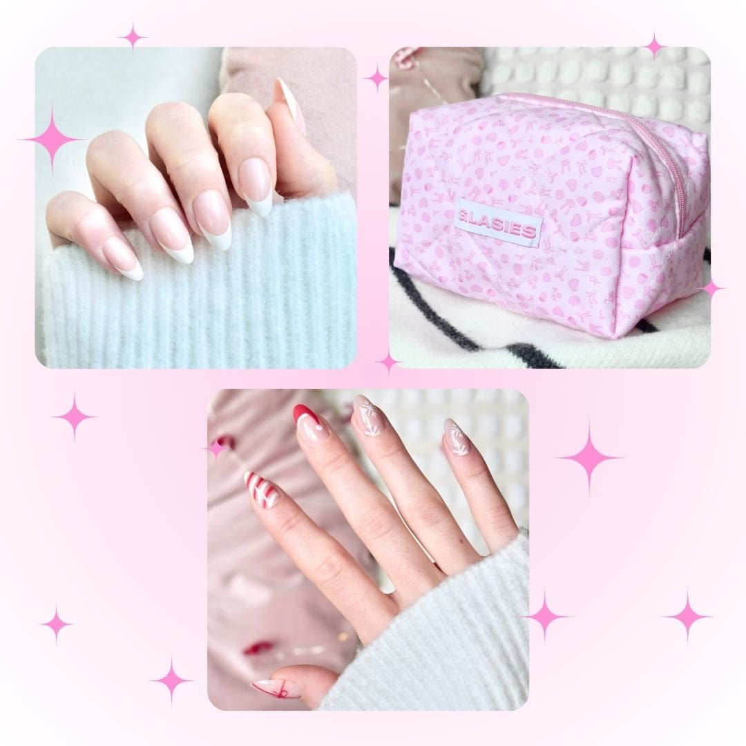 glasies presson nails false artificial christmas almond french red white set cosmetic bag