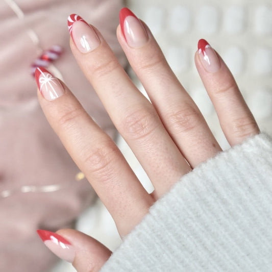 press-on nails false artificial glasies almond medium long christmas red white tree snowflake gift santa