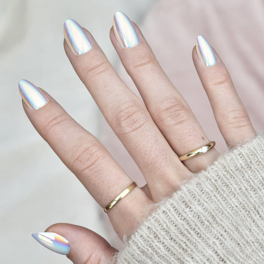 press-on nails artificial nails beauty false glasies gel almond white pearl chrome