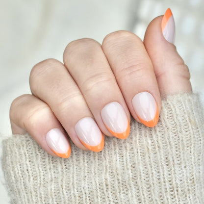 press-on nails artificial nails beauty false glasies gel oval short french orange pink beige