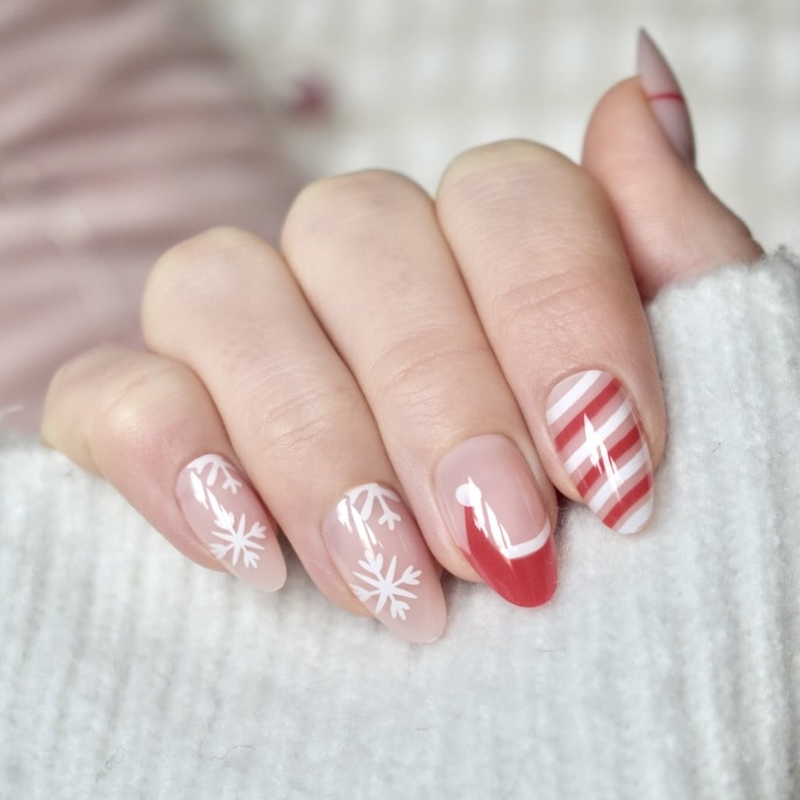 press-on nails false artificial glasies almond medium long christmas red white tree snowflake gift santa