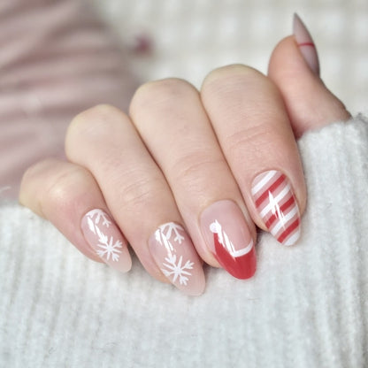 press-on nails false artificial glasies almond medium long christmas red white tree snowflake gift santa