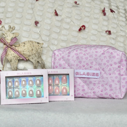 glasies presson nails false artificial christmas oval french pink white set cosmetic bag