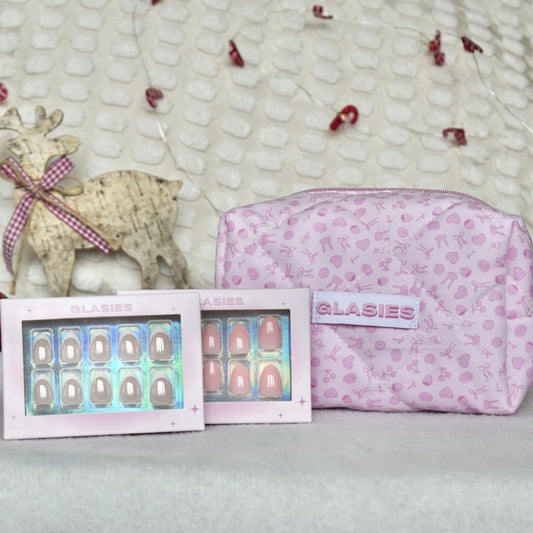 glasies presson nails false artificial christmas oval french pink white set cosmetic bag