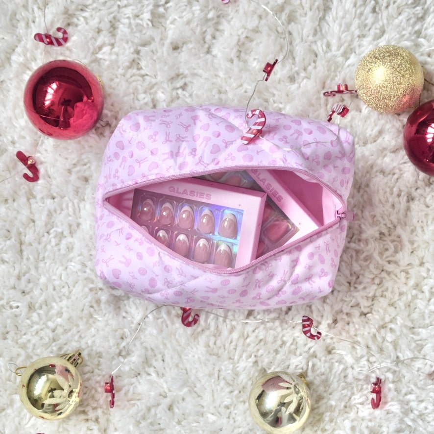 glasies presson nails false artificial christmas oval french pink white set cosmetic bag