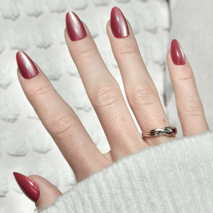 press-on nails false nail almond long medium dark red cat eye cute