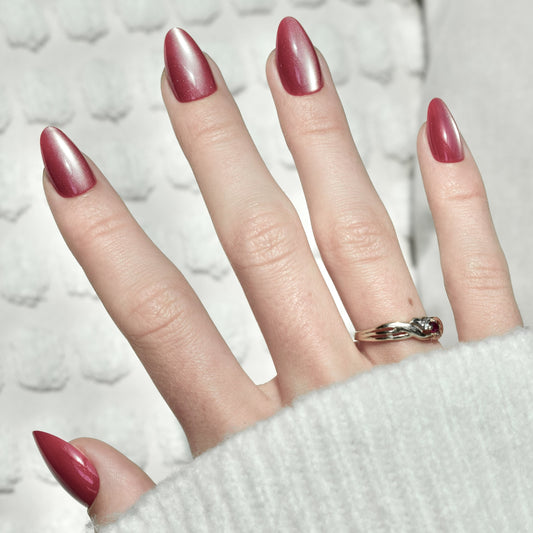 press-on nails false nail almond long medium dark red cat eye cute